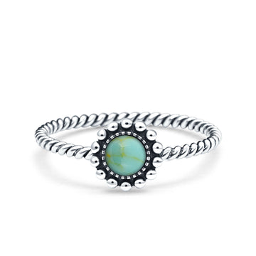 Petite Dainty Rope Vintage Style Lab Opal Ring Solid Round Oxidized Simulated Turquoise 925 Sterling Silver